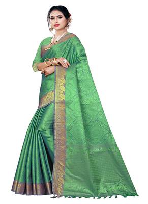 Green printed banarasi silk saree with blouse 2