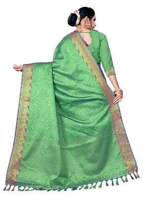 Green printed banarasi silk saree with blouse 3