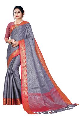 Grey printed banarasi silk saree with blouse 1