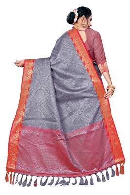 Grey printed banarasi silk saree with blouse 3