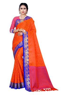 Orange printed banarasi silk saree with blouse 1