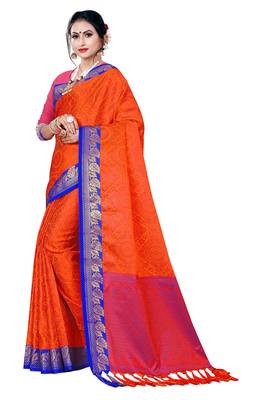 Orange printed banarasi silk saree with blouse 2