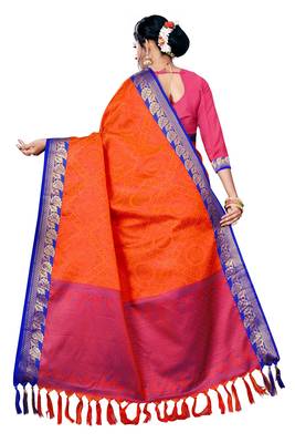 Orange printed banarasi silk saree with blouse 3