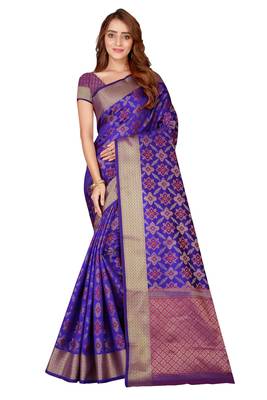 Blue printed kanchipuram silk saree with blouse 1