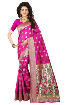 Pink printed jacquard saree with blouse 1