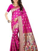 Pink printed jacquard saree with blouse