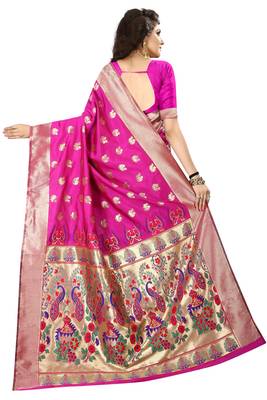 Pink printed jacquard saree with blouse 2