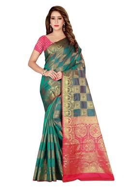 Green printed art silk saree with blouse 1