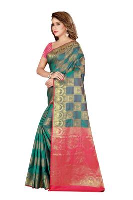 Green printed art silk saree with blouse 2