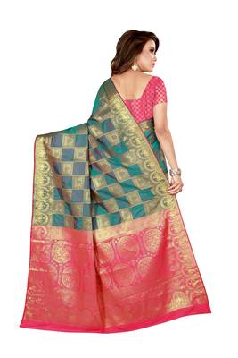 Green printed art silk saree with blouse 3