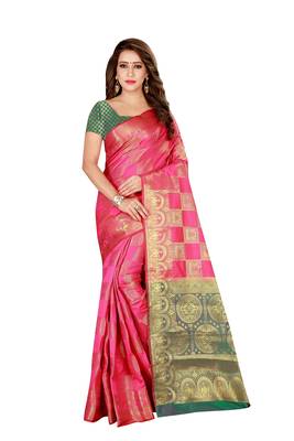 Pink printed art silk saree with blouse 1