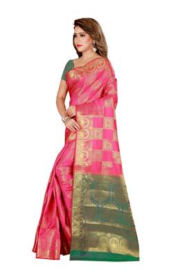 Pink printed art silk saree with blouse 2