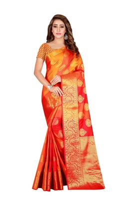 Orange printed banarasi silk saree with blouse 1