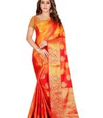 Orange printed banarasi silk saree with blouse