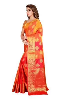 Orange printed banarasi silk saree with blouse 2