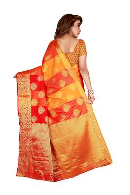 Orange printed banarasi silk saree with blouse 3