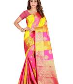 Yellow printed banarasi silk saree with blouse