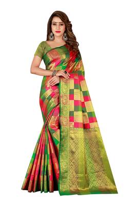 Green printed art silk saree with blouse 1