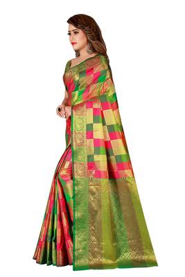 Green printed art silk saree with blouse 2