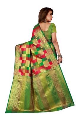 Green printed art silk saree with blouse 3