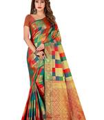 Green printed art silk saree with blouse