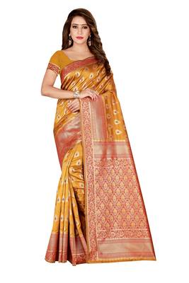 Yellow printed banarasi silk saree with blouse 1