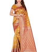 Yellow printed banarasi silk saree with blouse