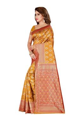 Yellow printed banarasi silk saree with blouse 2