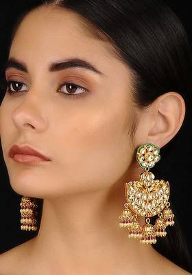Pink-Green Gold Tone Kundan Inspired Chandbali Earrings
 1