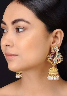 Multicolored Gold Tone Kundan Inspired Jhumkis
 1
