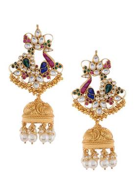 Multicolored Gold Tone Kundan Inspired Jhumkis
 2
