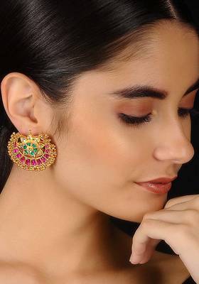 Green-Pink Gold Tone Kundan Inspired Earrings
 1