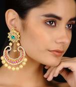 Green-Pink Gold Tone Kundan Inspired Chaandbali Earrings
