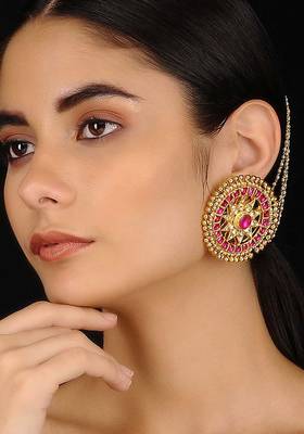 Red Gold Tone Kundan Inspired Stud Earrings
 1