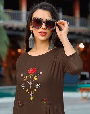 Brown Embroidered Cotton Party-Wear-Kurtis 2