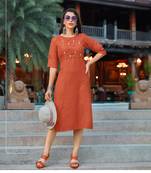 Orange Embroidered Cotton Party-Wear-Kurtis