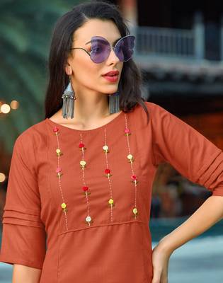 Orange Embroidered Cotton Party-Wear-Kurtis 2
