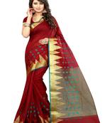 Maroon woven cotton silk blend saree with blouse
