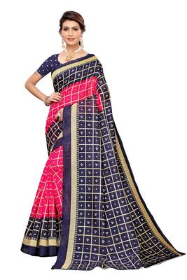 Pink printed art silk saree with blouse 1