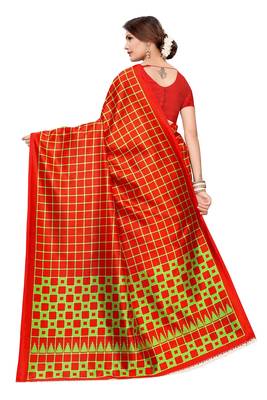 Red printed art silk saree with blouse 5