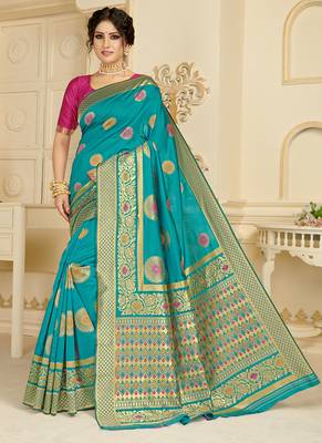   turquoise woven silk blend saree with blouse 1