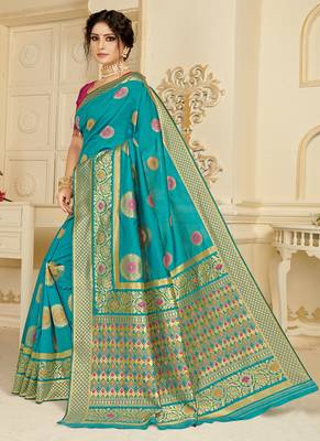   turquoise woven silk blend saree with blouse 2
