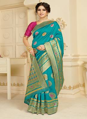  turquoise woven silk blend saree with blouse 3