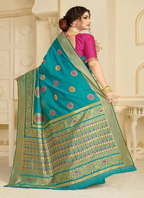   turquoise woven silk blend saree with blouse 4
