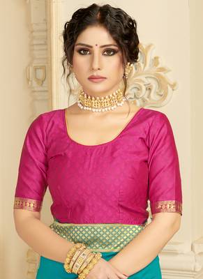   turquoise woven silk blend saree with blouse 5