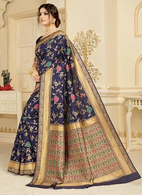   navy blue woven silk blend saree with blouse 2