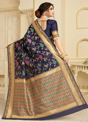   navy blue woven silk blend saree with blouse 3