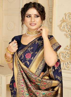   navy blue woven silk blend saree with blouse 4
