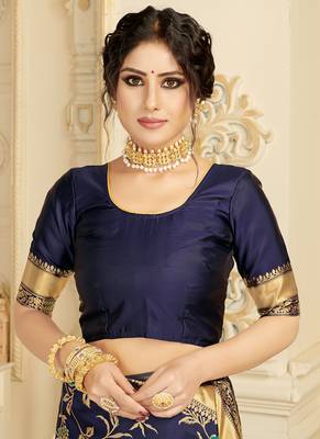   navy blue woven silk blend saree with blouse 5