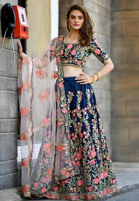 Blue embroidered silk semi stitched lehenga 1